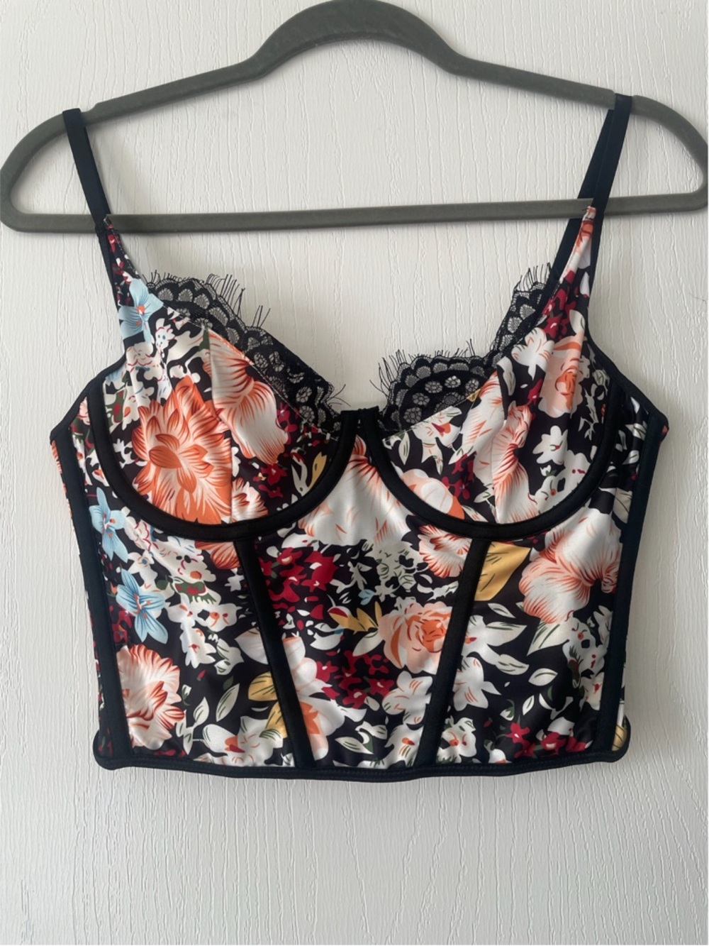 Floral lace trim cropped bustier top in multi-colors • NWOT